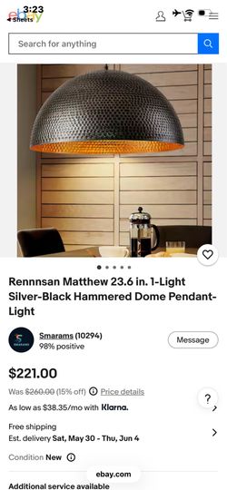 Rennnsan Matthew 23.6 in. 1-Light Silver-Black Hammered Dome Pendant-Light