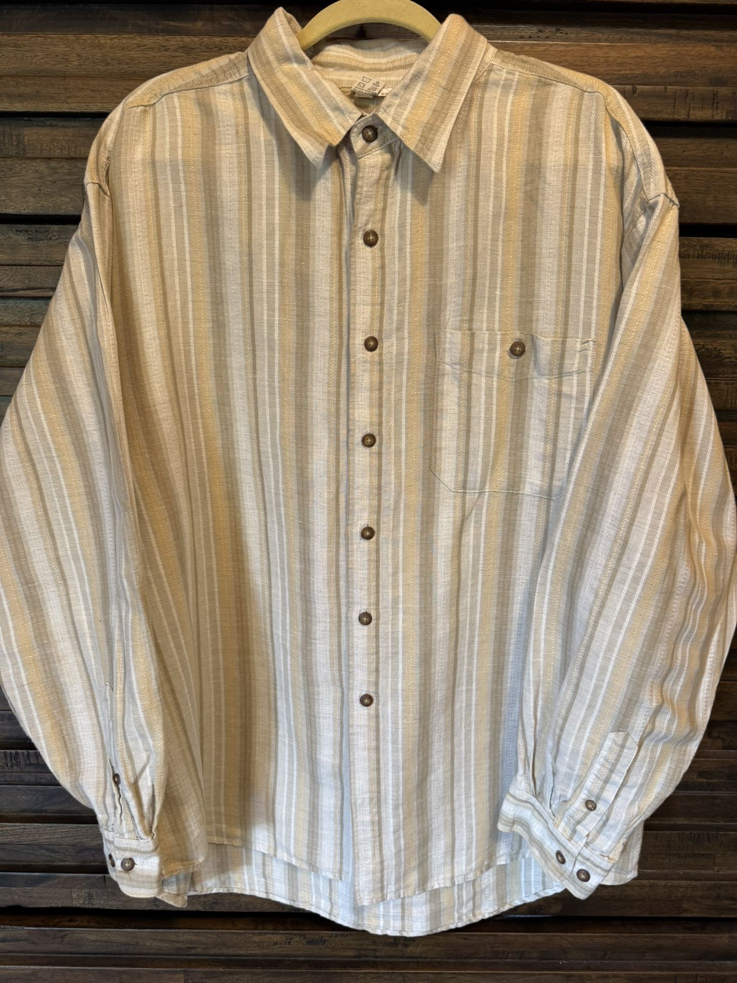 TERRITORY AHEAD Mens Long Sleeve Button Front Shirt Linen Cotton Beige XXL 2XL