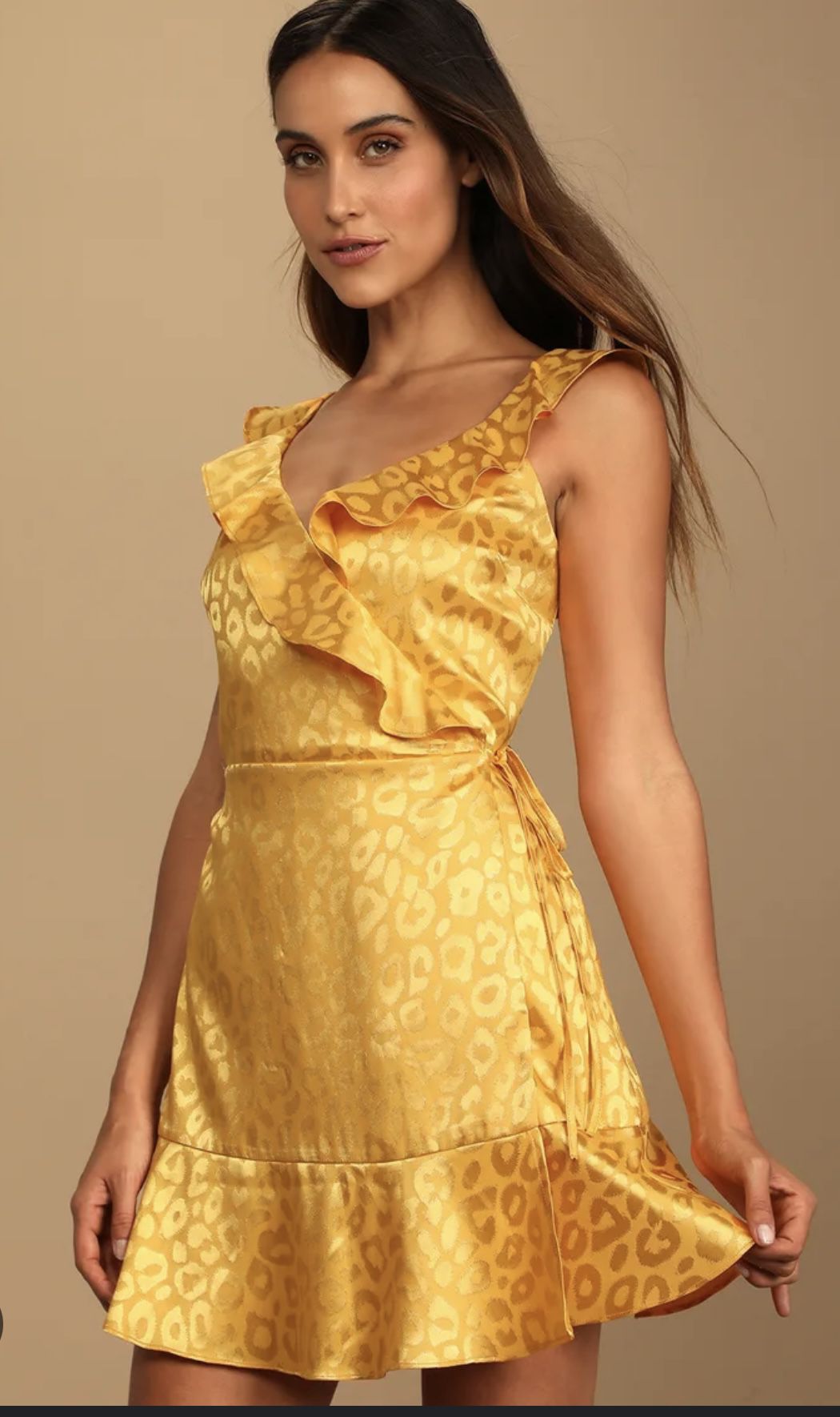 Lulus Yellow Satin Leopard Print Wrap Dress - Medium Size