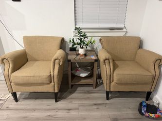 Set of 2 Tan Upholstered Accent Chairs with Nailhead Trim