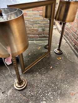 Pair of Brass Floor Lamps with Metal Shades