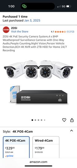Zosi 4K Poe security Camera, 4 Camera Setup, Brand New