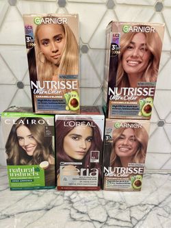 Hair color: Clairol Natural Instincts Light Brown; L’Oréal auburn Rose; Garnier Dark Brown & medium Brown. New/unopened
