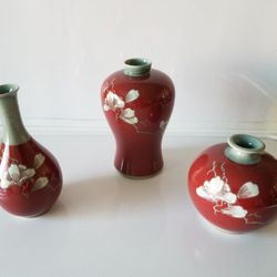 Ceramic coral velvet flower vase set of 3 for home decor or collection