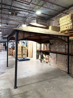 Tier Bamboo Steel Frake Gazebo with Beige Canopy and Ceiling Hook for Patio