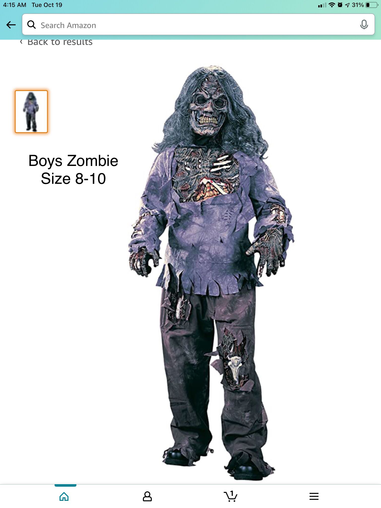 Boys Size 8-10 Zombie Costume And Weapon 