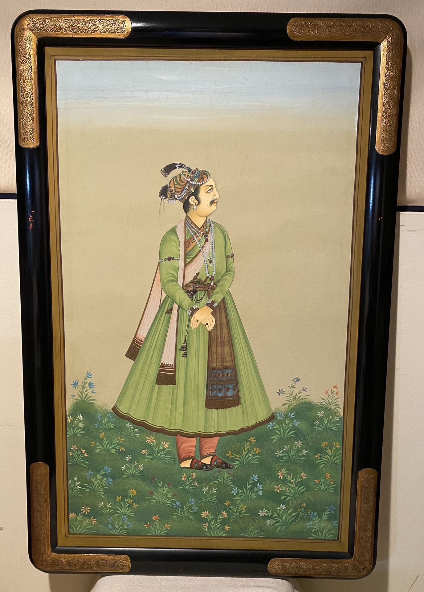 FINE PAINTING VINTAGE1970s ART OF INDIAN MAN IN SILK HANDMADE - HEIGHT 37” - WIDTH 24” $700.00