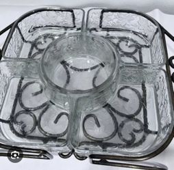 Princess House Fantasia Crystal Chip And Dip/ Veggie Server With Metal Caddy
