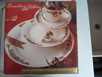Vintage Poinsettia & Ribbons Porcelain Holiday Christmas 16 pc Dinnerware Set