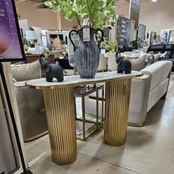 New New New!!! Gold Metal Console Table With Marle Tabletop and Ribbed Legs!!!