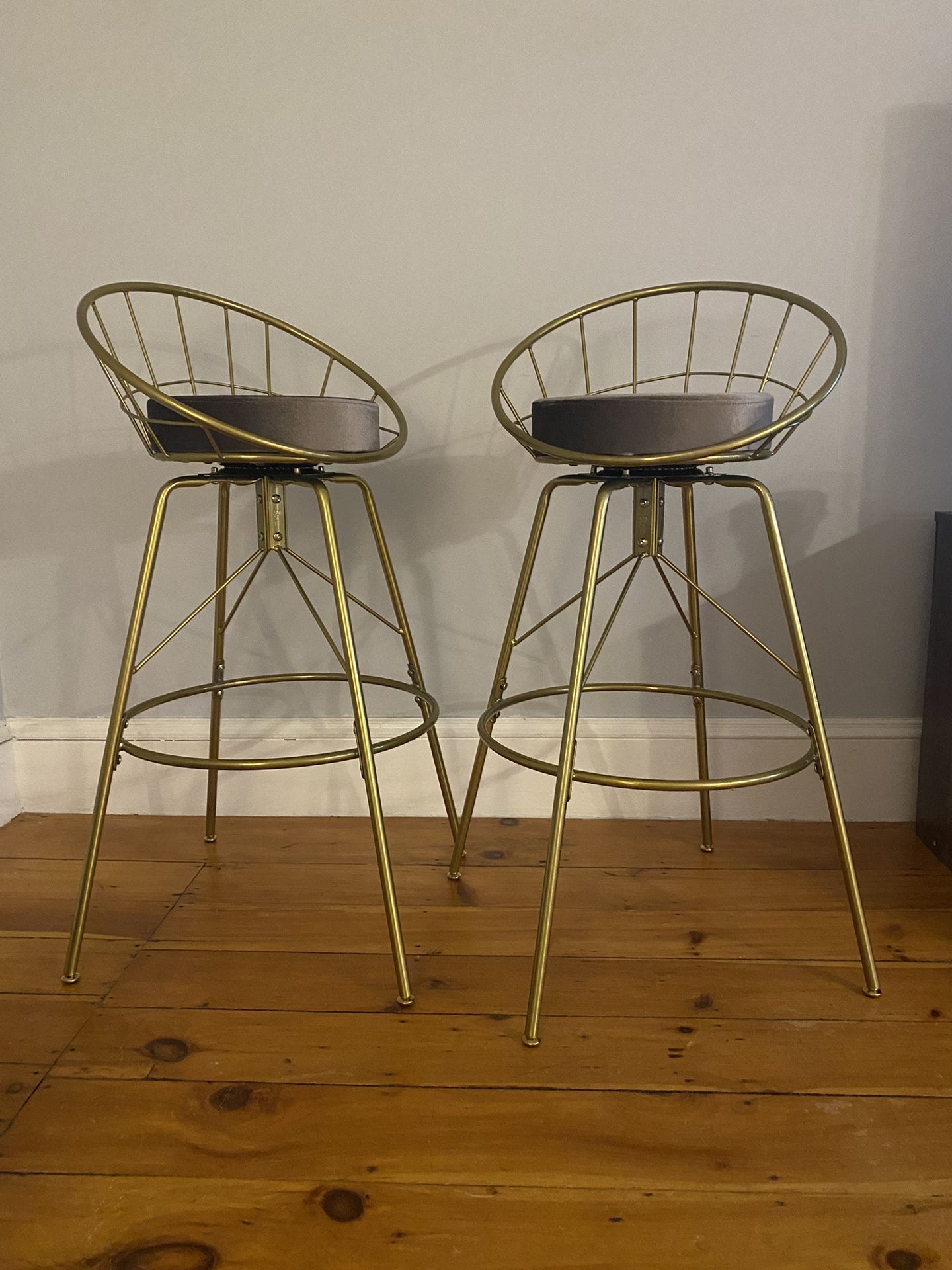 Set of 2 Swivel Upholstered Bar Stools with Gold Metal Frame
