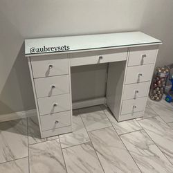 White Vanity Desk With Glass Top Crystal Knobs 