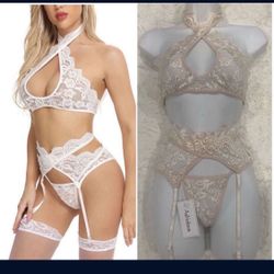 Ashinlove Lingerie Sets with Garter Belt 3 Piece Lace Teddy Babydoll Sexy Bodysuit