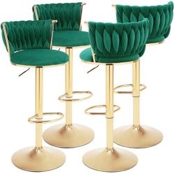 Velvet Bar Stools Set of 4,360° Woven Modern Gold Bar Stools,Swivel Adjustable Height Barstools with Backs Gold Metal Tall Kitchen Counter Chairs for 
