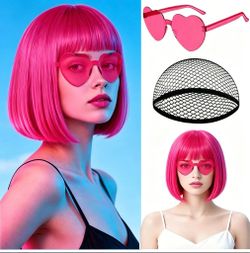 Hot Pink Short Bob Wigs Straight Hair with Flat Bangs Heart Sunglasses for Women