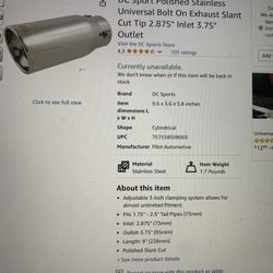 DCSport Polished Stainless Universal Bolt On Exhaust Slant Cut Tip 2.875” Inlet 3.75”. Brand New In Box 