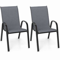 Patio Dining Chairs Set of 2 Stackable Gray Outdoor Dining Chairs with Armrest for Deck Garden