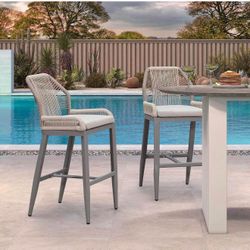 Set of 4，Modern Wicker Rattan Barstools with Back Aluminum Outside Garden Patio Bar Chair, Light Grey
