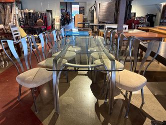 Modern Curved Glass and Metal Table with White Chairs (Set of 8 Chairs)