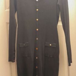 Ribbed Button Black Long Sleeve Midi Dress