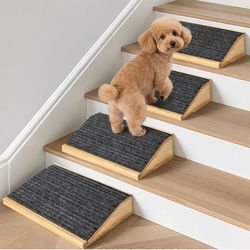 4-Pack Wooden Dog Ramp for Stairs, Anti-Slip Pet Steps for Small Dogs with Carpet Surface, Low-Angled Pet Ramps for Staircase, Steps and Stairs Assist