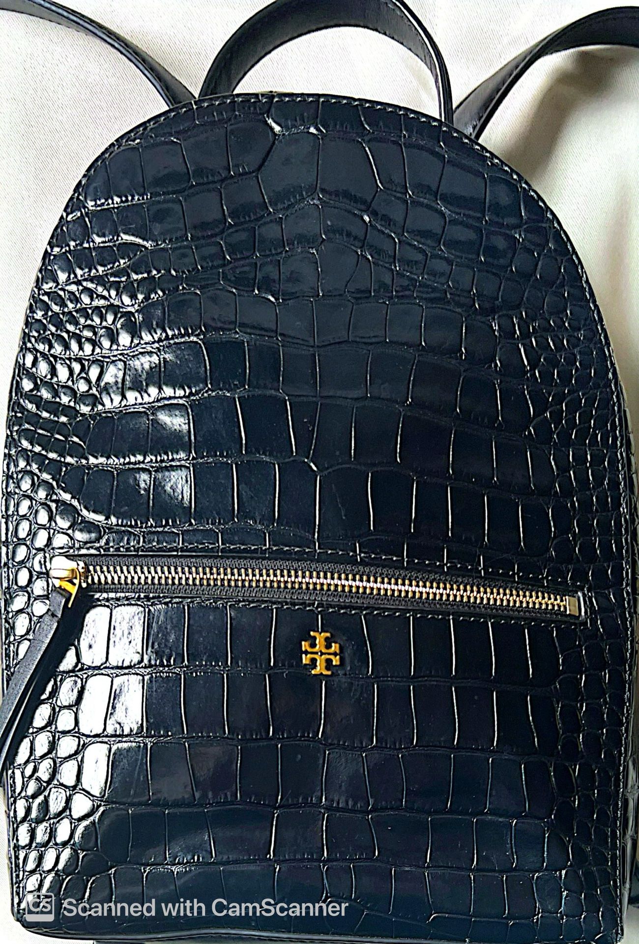 Tory Burch Croc Embossed Black Leather Backpack