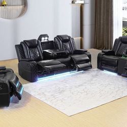 Brand New Motorized Eletric Black Faux Leather Recliner Sofa Loveseat Special With LED Lights