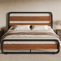Queen Size Metal Bed Frame with Wooden Headboard, Walnut Heavy Duty Platform Frame with Under-Bed Storage, Noise Free, No Box Spring Needed