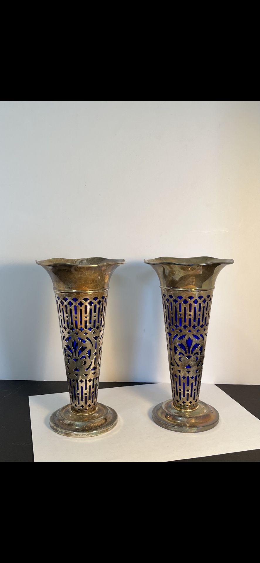 Vintage Godinger Silverplate Vases with Colbalt Blue Glass Inserts