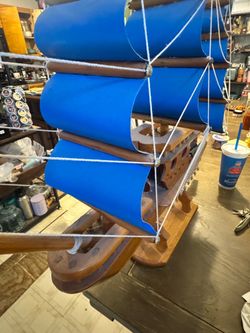 Wooden Tall Ship Model with Blue Sails