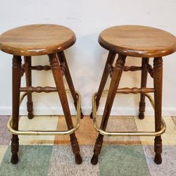 Pair Of Solid Oak Swivel Barstool With Brass Footrest