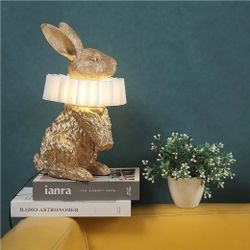 Scarf Rabbit Table Lamp,Resin Crafted Gold Bunny Lamp Featuring White Pleated PC Lampshade,USB Plug,Energy-Efficient Nightstand Lamp (Gold Standing)