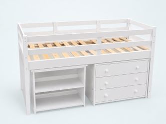 White Loft Bed with Desk, Dresser & Bookshelf – Space Saving Kids Bedroom Set