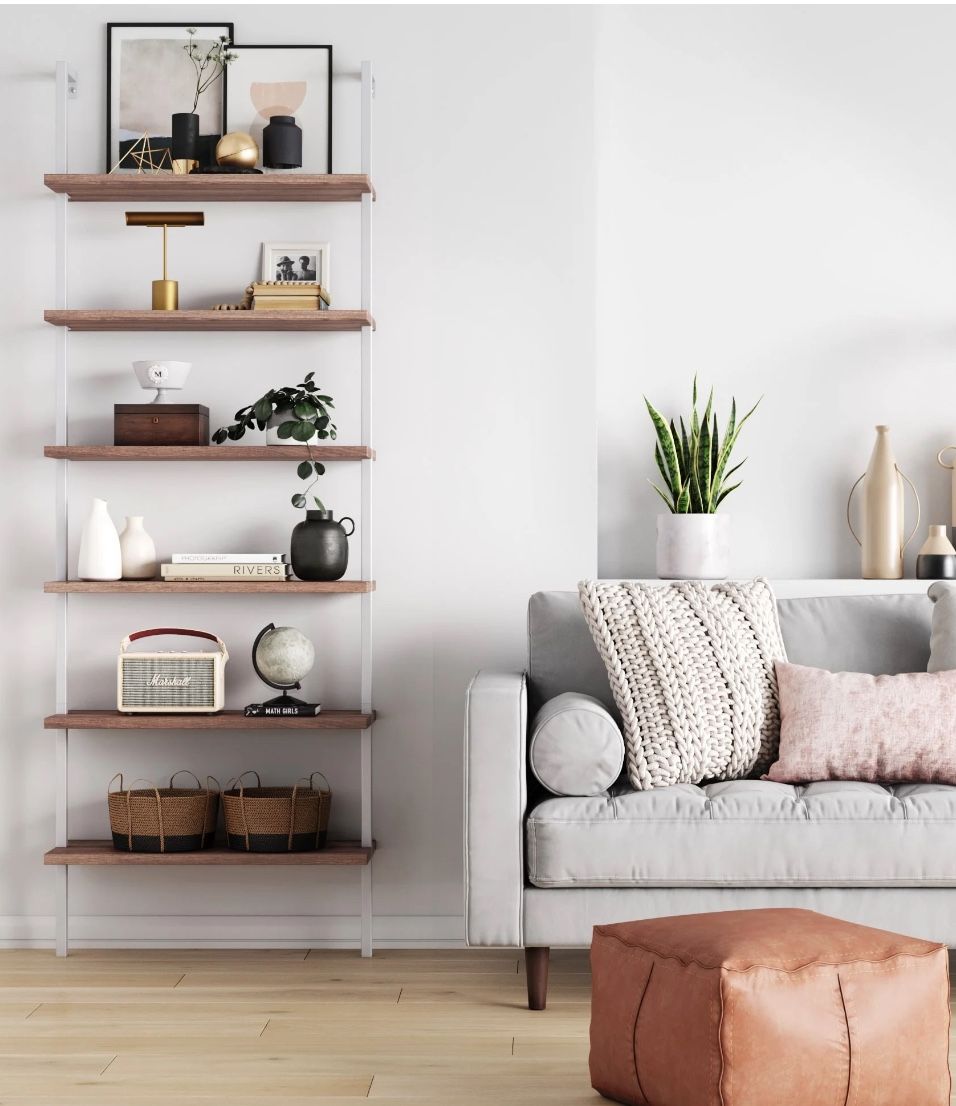 Nathan James 6-Shelf Ladder Bookshelf Oak Matte White