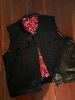 Black Leather Biker Vest Red Paisley Lining