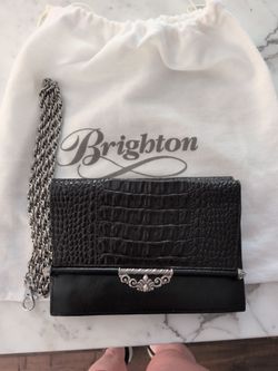Brighton Black Croc-Embossed Double Pocket Clutch with Removable Chain Shoulder Strap