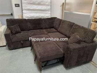 New! Plush Chocolate Sectional Sofa Bed With Storage, Brown Sectional, Sofa, Couch, Corduroy Sectional Couch With Pull-out Bed, Sofabed, Sleeper Sofa 
