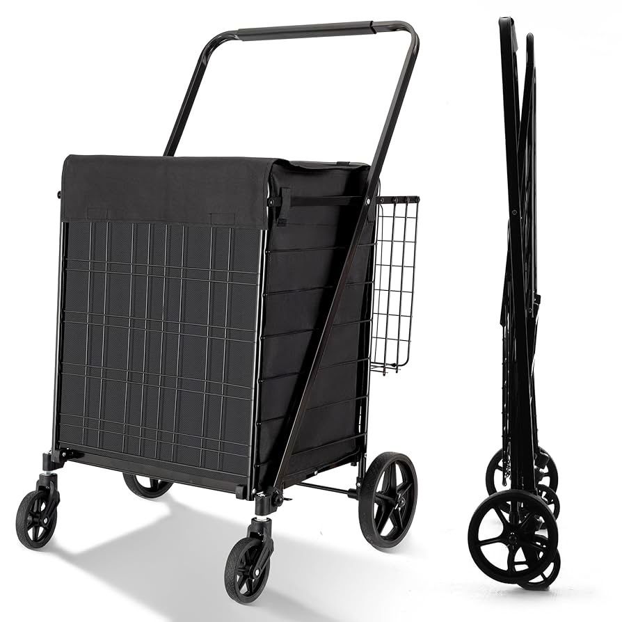 Folding Shopping Cart with Waterproof Liner, Grocery Cart Large Bag with Top Cover, 400 Lb Capacity, Utility Cart with 360° Rolling Swivel Wheels, Ext