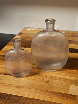 Set Of Antique Blown Glass Pumpkin Seed Flasks Pt & 1/2 Pt Purple Grey Tint