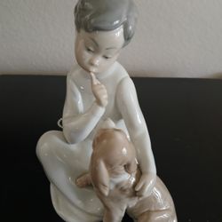 Vintage Lladro Figurine Boy With Dog Glossy 8" Retired  No Box  8"H