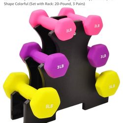 Set of 2 Neoprene Dumbbell Hand Weights, Anti-Slip, Anti-roll, Hex Shape Colorful (Set with Rack: 20-Pound, 3 Pairs)