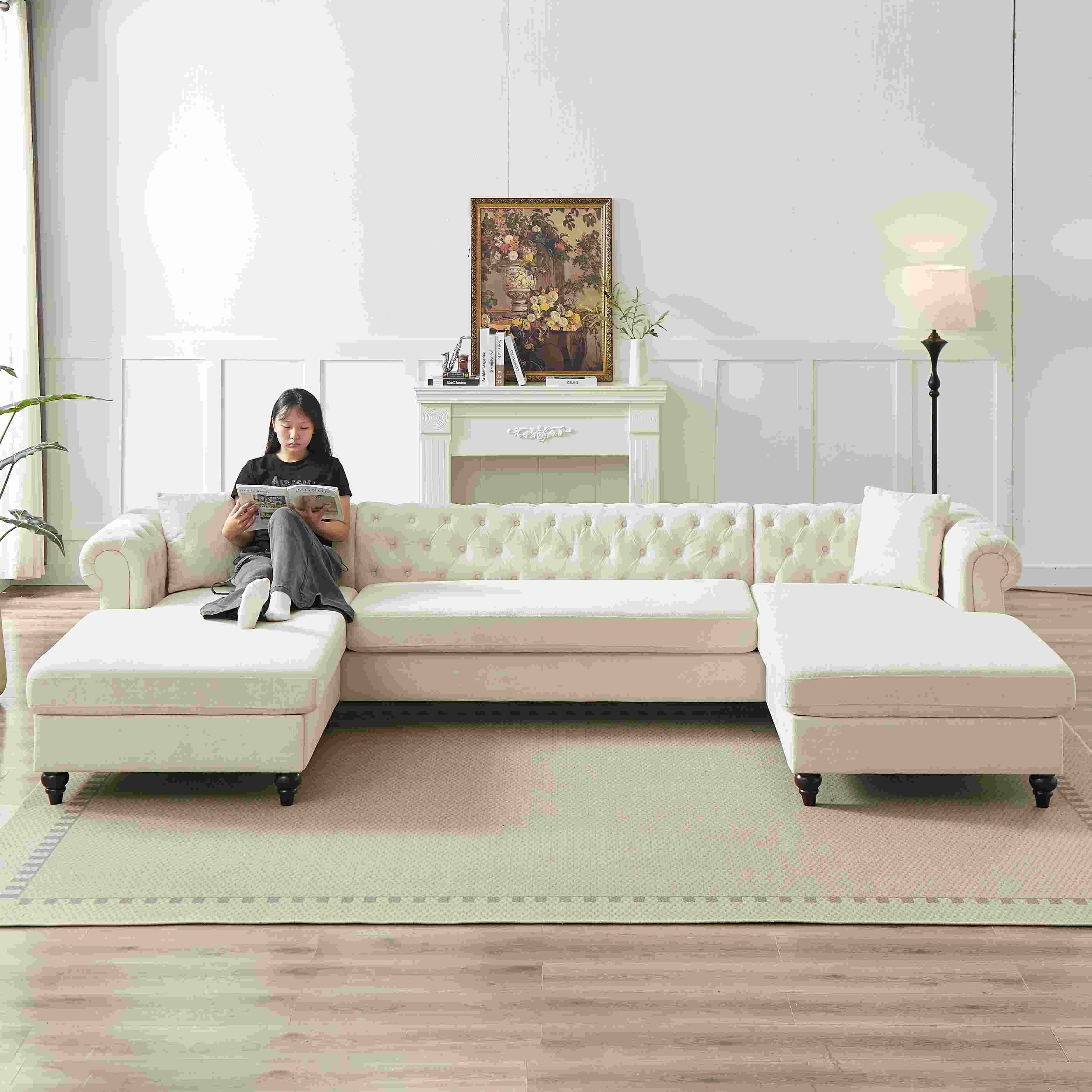 135.5-inch Modern Style Chenille Three Piece Sofa, Pull Point Design U-shaped Sofa two Chaise Longue Seats, two Pillows and Wooden feet, Suitable for 