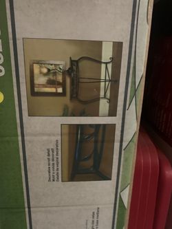 MEETUP 91326. BLACK IRON WOODEN TABLE PLUS LAMP. BRAND NEW IN BOX.