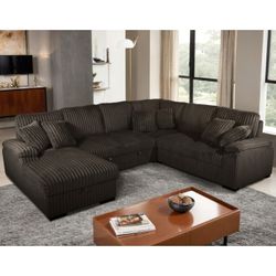 Brand New Brown Jumbo Corduroy LHF Fabric U-Shaped Pull Out Sectional Sofa w/ Storage Chaise + Pillows