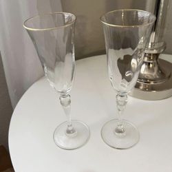 🥂Set of 2 Vintage Gold Rim Fluted Champagne Glasses Handblown Swirled