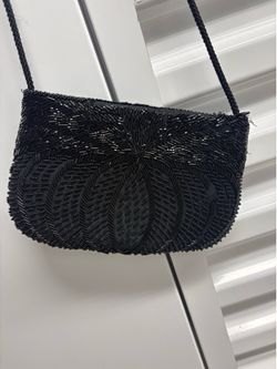 Black Beaded Small Shoulder Bag Geometric Pattern Zip Party Cocktail Accent