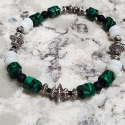 Hand Beaded Semiprecious Stone Malachite, Shell, And Glass Bracelet 