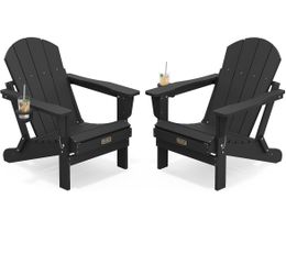 New -Folding Adirondack Chair with Cup Holder Set of 2, Fire Pit - Black All Weather Adirondack Chairs Set of 2 for Patio Garden Outdoors Fire Pit