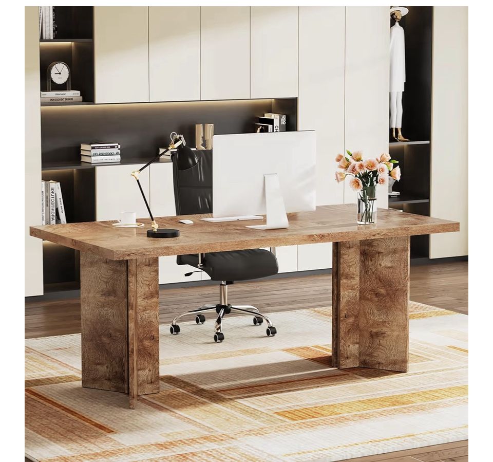 New - Spacious wooden office desk with a sleek design.