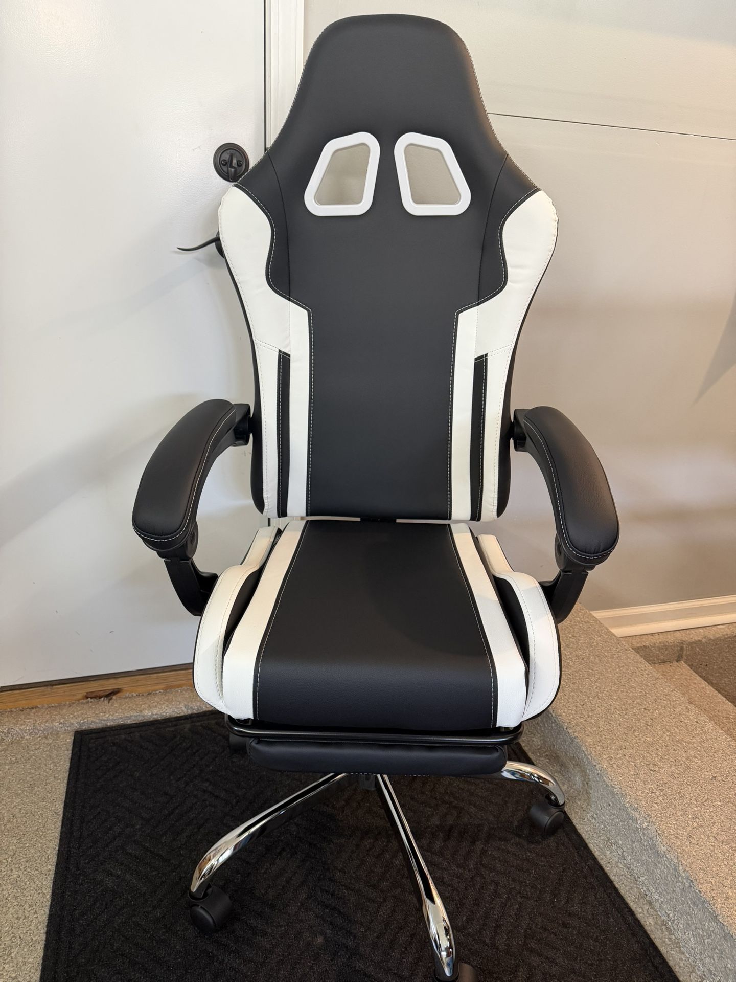 Brand New Black/White Tall Back Reclining Gaming/Office Chair w/Slide Out Footrest